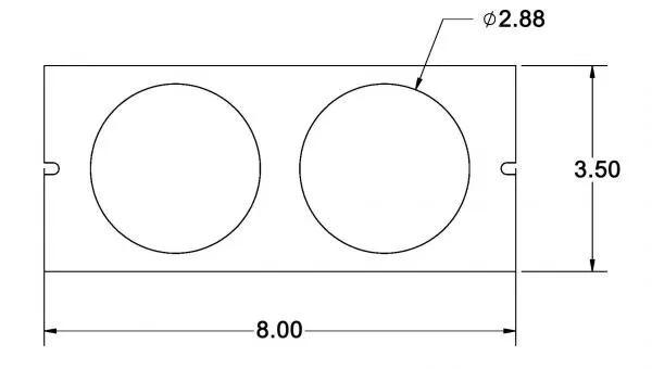 Dimensioned drawing showing two 2.88 inch diameter wells on an 8.00 by 3.50 inch plate