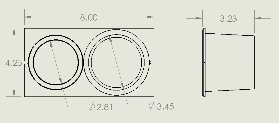 Dimensioned drawing: 8.00 by 4.25 plate, 3.23 deep, with cup openings of 2.81 and 3.45 diameter