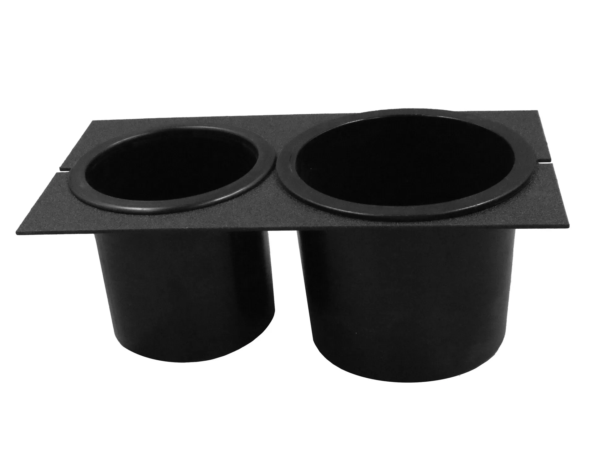 Straight-on view of the twin cup wells and flat mounting plate, small well left and large well right