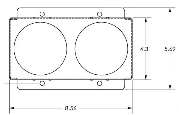 Top-down dimensioned drawing of the two cup wells, 8.56 inches wide by 5.69 inches overall