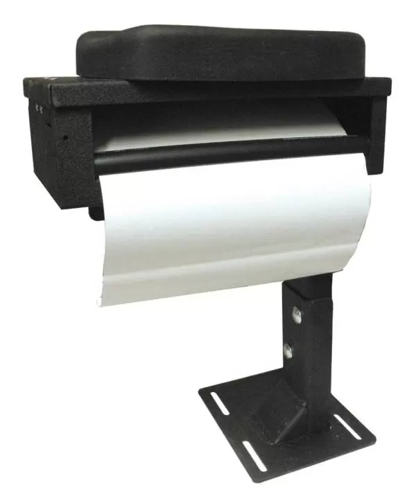 D&R CA-0211 printer armrest on a floor pedestal mount with paper feeding from the spool slot