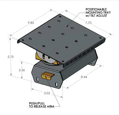 Dimensioned drawing of the positionable mounting tray with tilt adjust and push/pull arm release