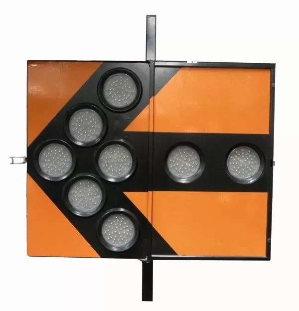 D&R 46069 enclosed aluminum arrowboard with eight amber PAR36 LED modules forming a left-pointing arrow