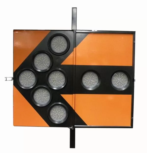D&R 46069 enclosed aluminum arrowboard with eight amber PAR36 LED modules forming a left-pointing arrow