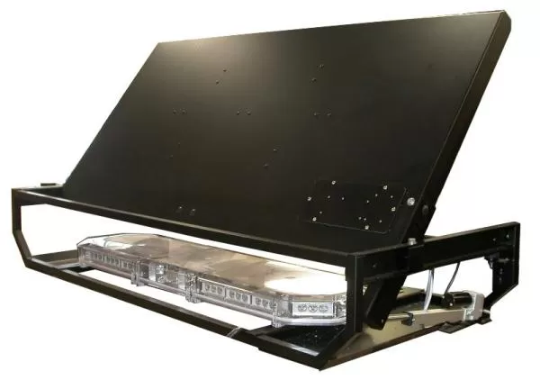 Rear of the raised board showing the plain black back panel, bolt-on mounting plate and the frame lightbar