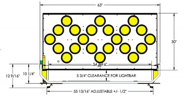 Front dimensioned drawing of the 63 by 30 inch board with 5 3/4 inch clearance for the lightbar underneath