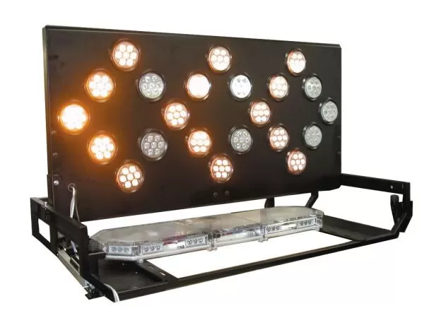 D&R ERL306022K enclosed aluminum arrowboard kit on its rack, amber and clear round LED modules with lightbar below