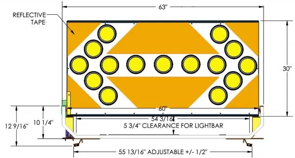 Dimensioned front drawing marking the 63-inch board width, 30-inch height and 5 3/4-inch lightbar clearance