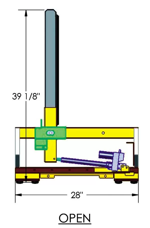 Side drawing of the rack in the open position, 39 1/8 inches high on a 28-inch base with the actuator extended