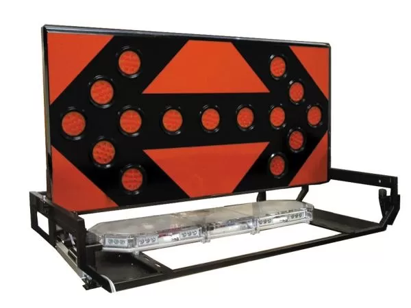D&R ERL306015KHT enclosed aluminum arrowboard kit with orange chevron panel and lightbar mounted in the rack base