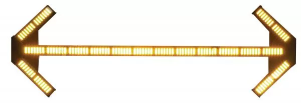All amber LEDs illuminated across the centre bar and both angled end arrows, straight-on front view