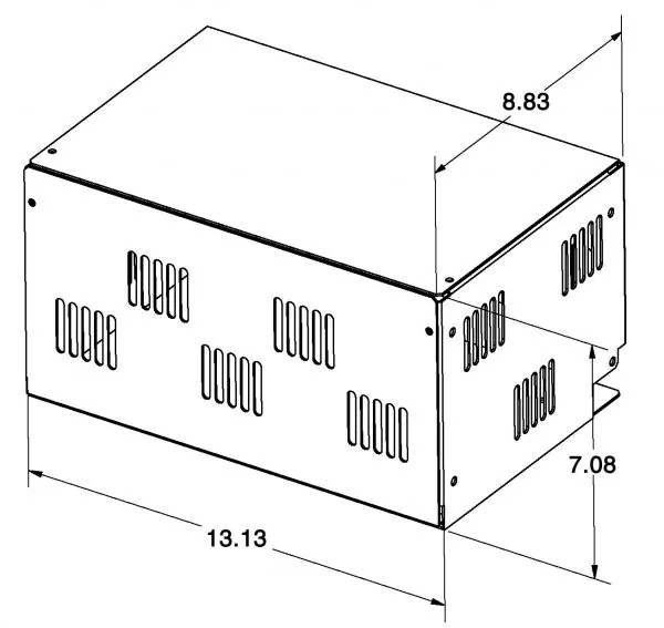 Dimensioned drawing of the louvred steel box, measuring 13.13 by 8.83 by 7.08 inches overall