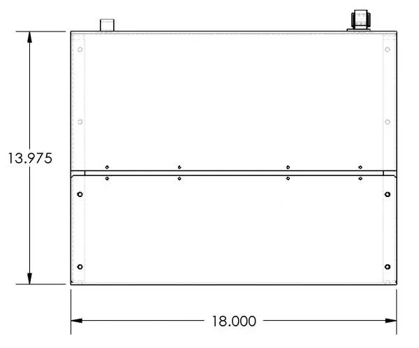 Dimensioned front drawing of the box, 18.000 wide by 13.975 high with the hinged cover line marked