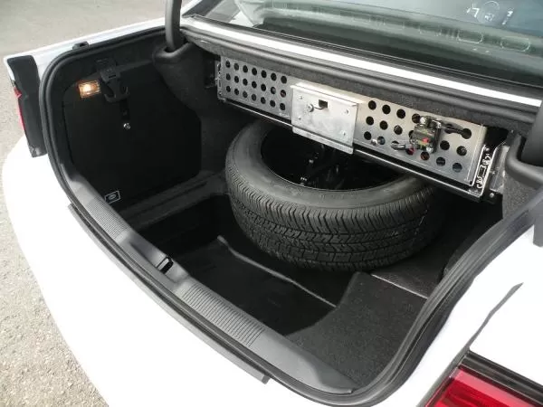 D&R 932-0015A full width trunk equipment tray for the Dodge Charger, perforated aluminum panel on slides