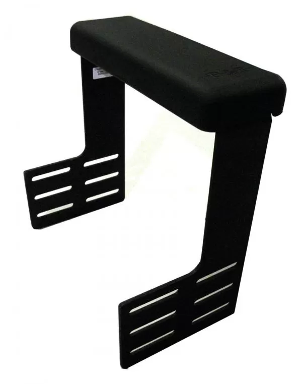 Armrest from the opposite side, showing the D&R logo on the pad and the slotted height adjustment legs