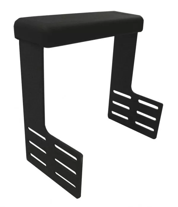 D&R 904-0123A console mount armrest with a black padded top and slotted steel mounting legs
