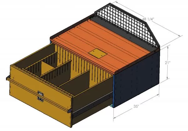 Wider angle on the open drawer, showing the front locking pad latch and the front-to-back dividers