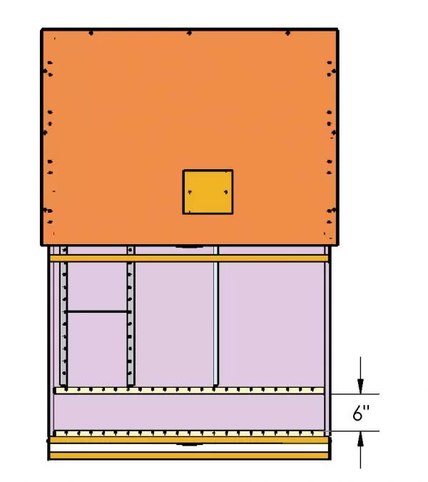 Top-down view showing the square access panel in the deck and the divider layout in the drawer below