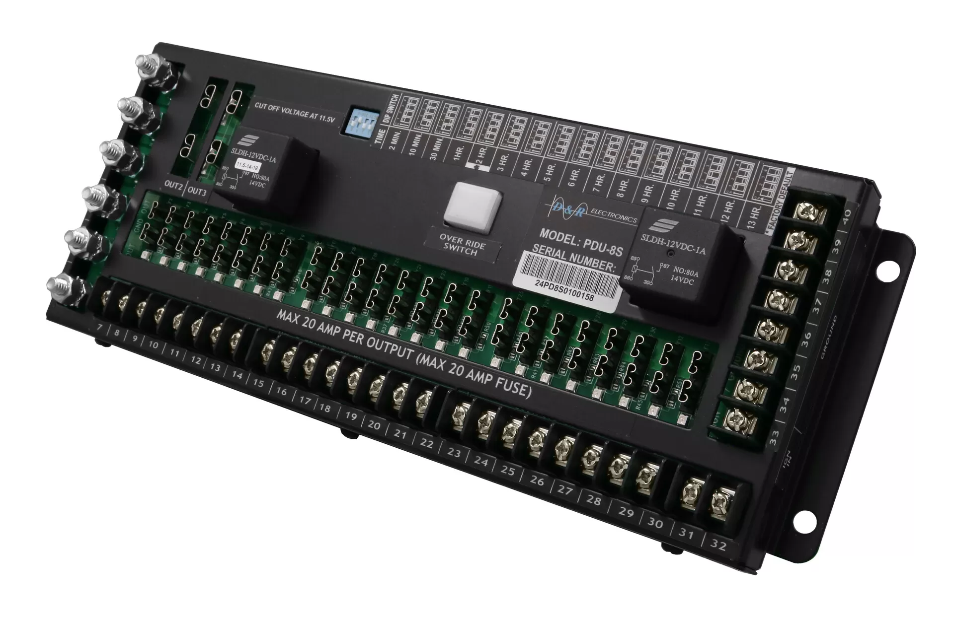 Angled from the left showing terminals numbered 7 to 32 marked max 20 amp per output with fuse rows
