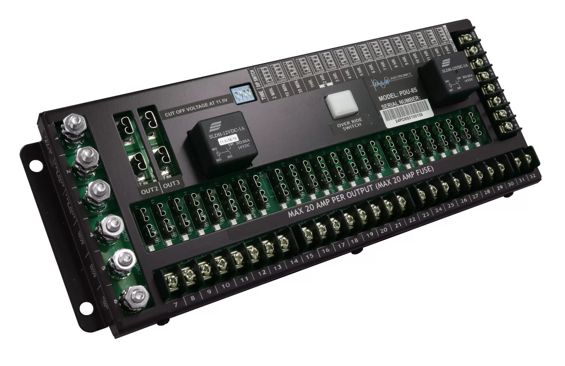 D&R PDU-8S power distribution unit with numbered output terminal blocks, relays and over-ride switch