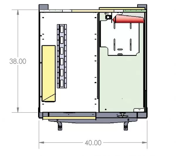 Top view drawing of the complete unit marked 40.00 wide by 38.00 deep, extinguisher mount at right