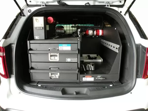 D&R 934-0500A dual drawer storage system installed in a white Ford Interceptor Utility cargo area