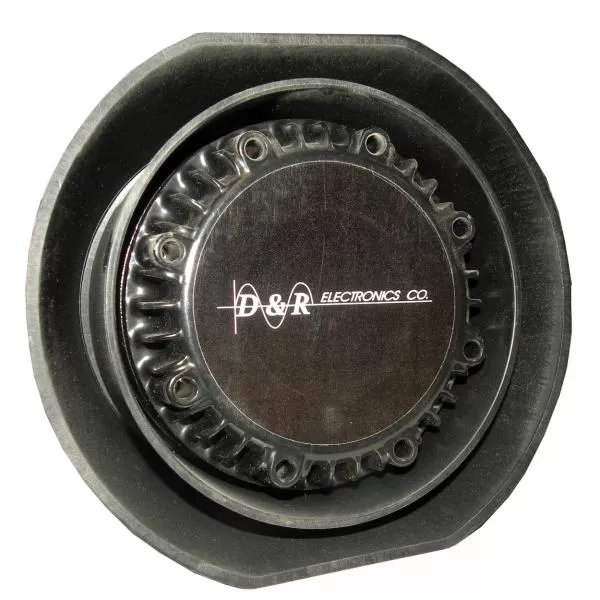D&R DRCS110 siren speaker face-on, black nylon composite housing around a logo-stamped driver cap