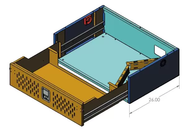 Tray pulled out on its extension slides, showing the cable swing arm and the circulation fan