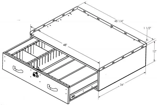 D&R 933-0100A vehicle storage drawer drawing, 48 by 34 by 12 inches, with dividers and combination lock