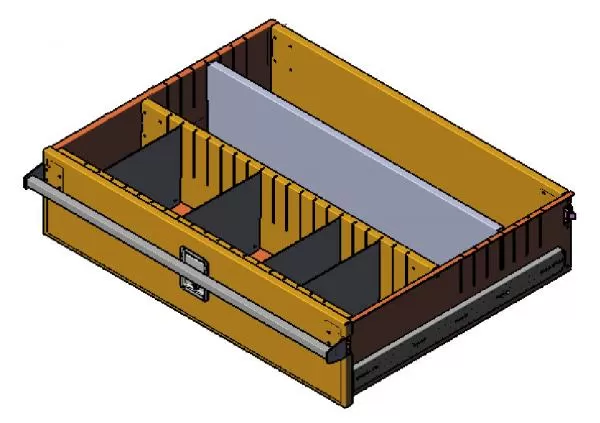 Drawer pulled open showing four adjustable front-to-back dividers and the white board stowed behind