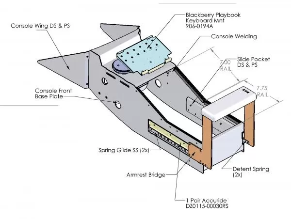 Labelled assembly drawing naming the console wings, armrest bridge, slide pockets and Accuride slides