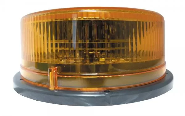 Amber-lens LED beacon seen from the side, shallow fluted dome on its moulded mounting base