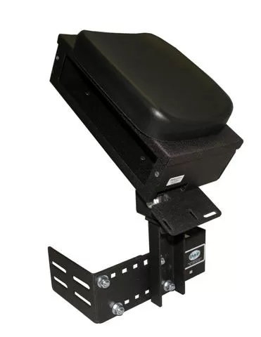 Side profile of the printer armrest showing the black padded top and adjustable console mounting arm