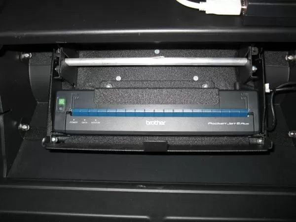 D&R 904-0140C glove box printer mount holding a Brother PocketJet 6 Plus in an open glove box