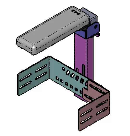CAD render of the D&R 904-0158B slim swivel armrest with upright post and console mounting brackets