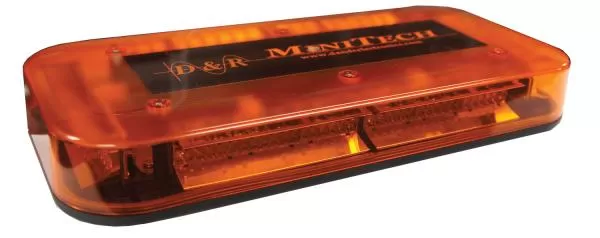 Three-quarter view of the unlit amber minibar with the MiniTech name and website across the centre panel