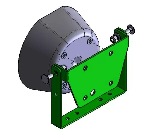 D&R 935-0079A universal speaker bracket, CAD render of the U-frame with a DRCS110 speaker bolted through it