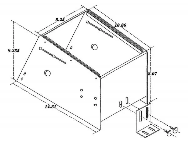 Isometric dimension drawing of the mid-sized console, 14.81 long and 9.235 high, with mounting bracket