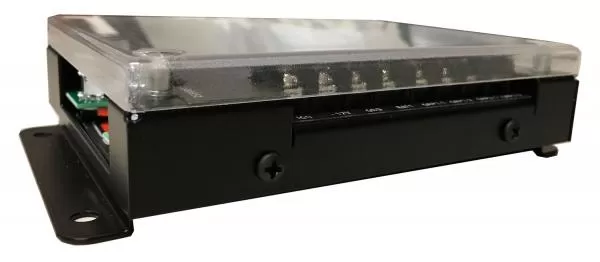 Three-quarter view of the compact all-metal housing with its side mounting bracket attached