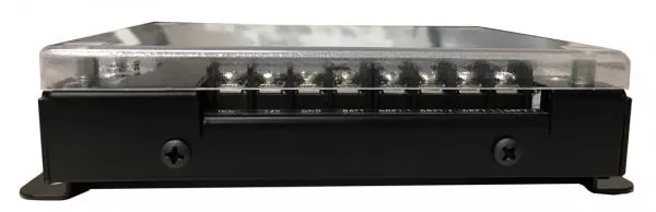 Front edge of the metal housing showing the full row of labelled output terminal screws below the cover