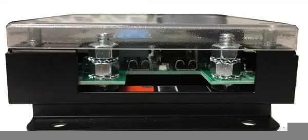 End view showing the heavy battery input studs, internal circuit board and black mounting flange