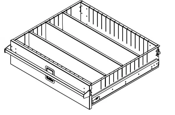 The drawer pulled fully open, showing the adjustable horizontal dividers inside the tray