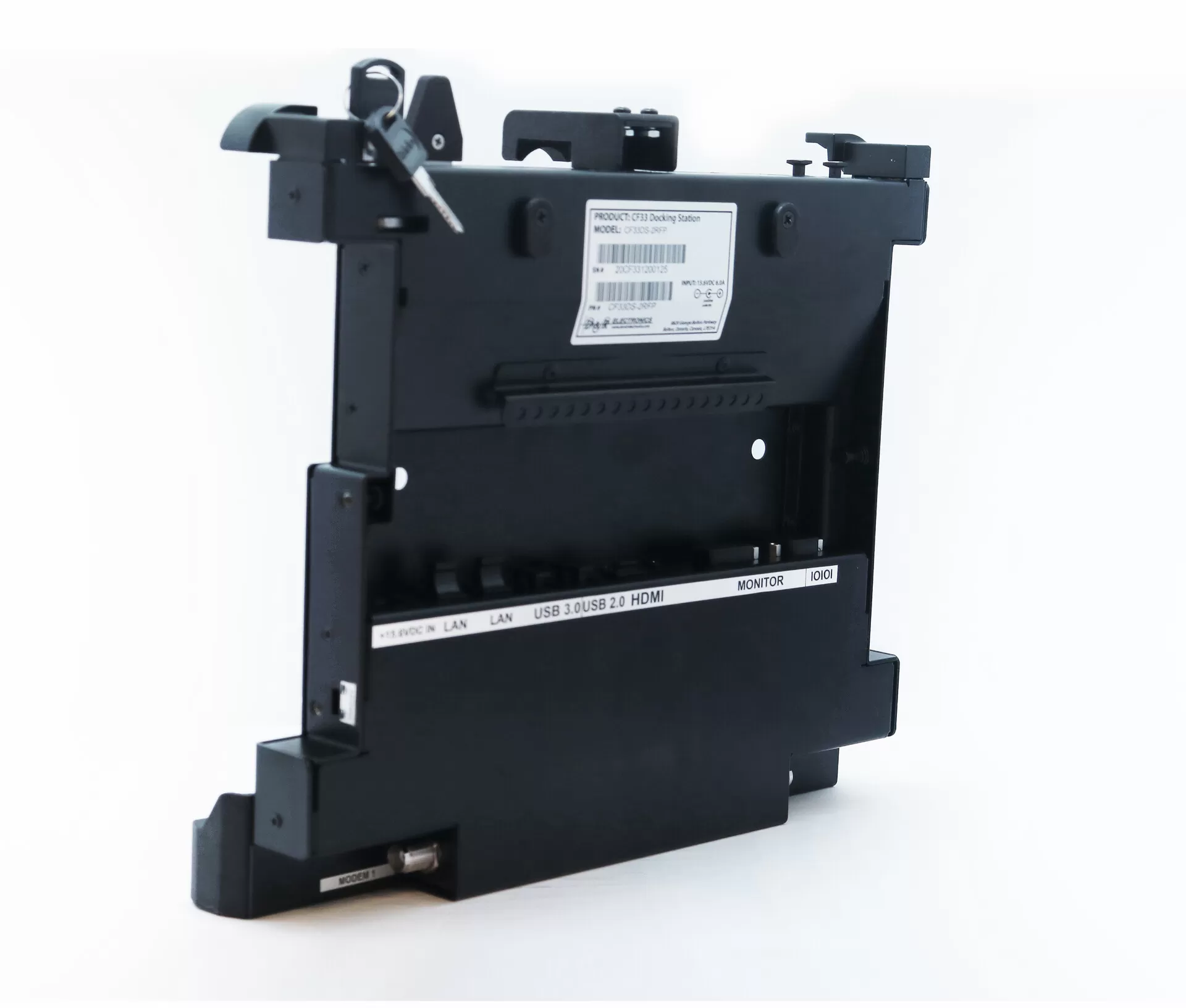 Rear angle from the left showing the MODEM 1 pass-through connector at the base and the key in the lock