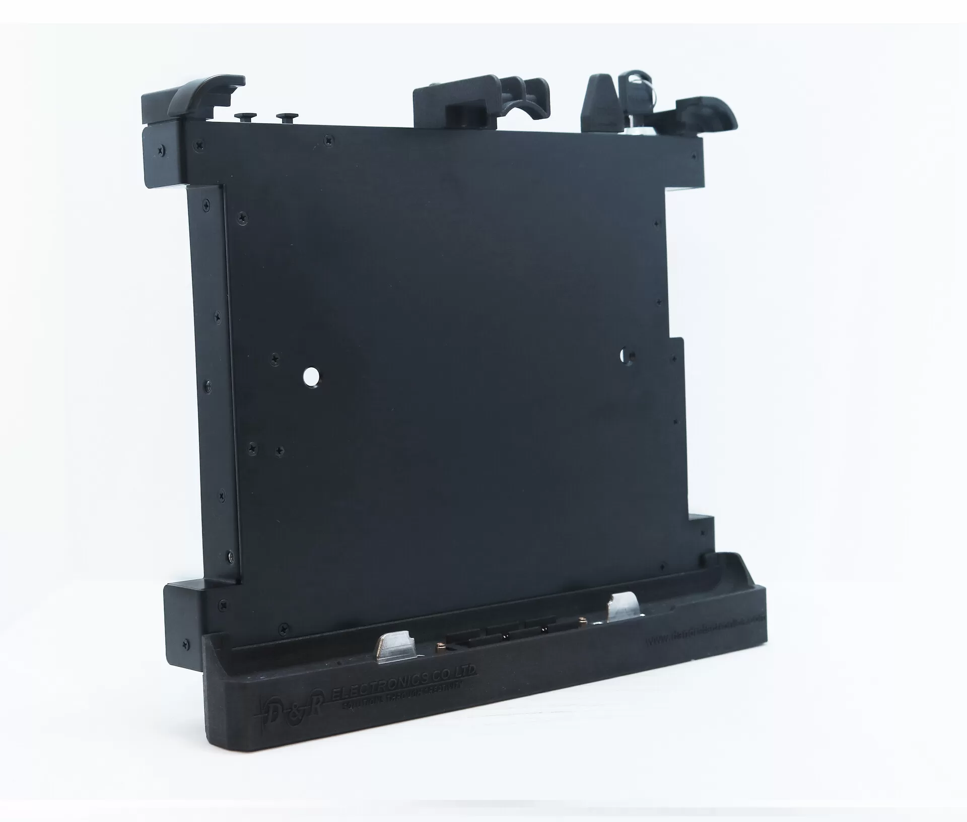 Three-quarter view of the dock standing upright, retaining arms along the top and connector in the base