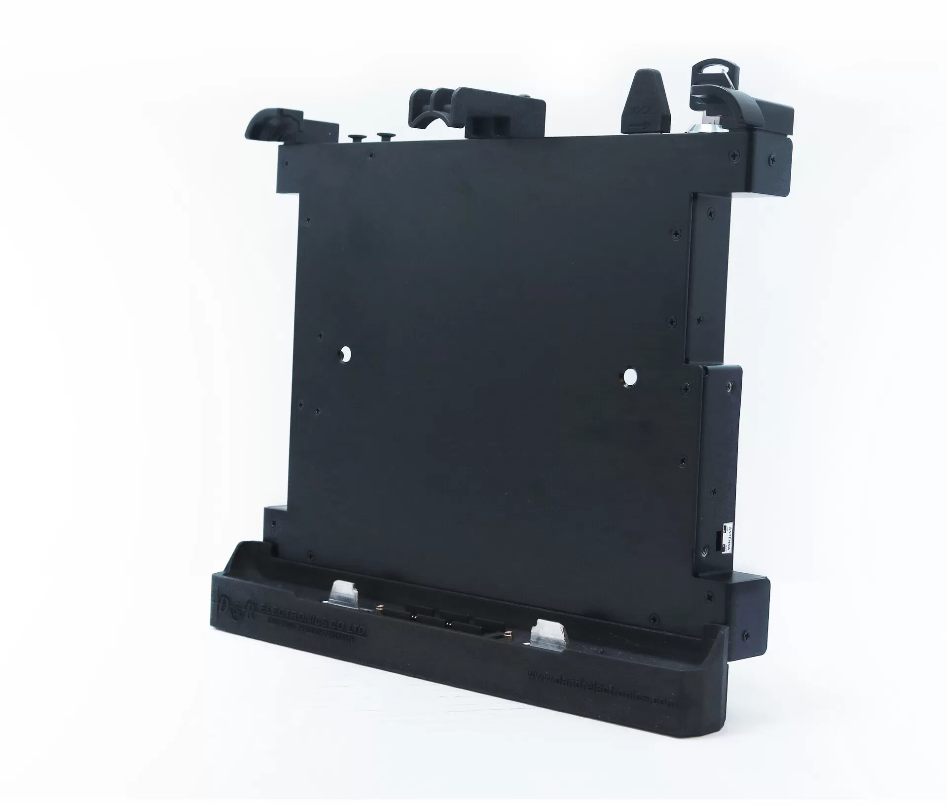 Front three-quarter from the right, tablet plate with adjustable clamps above the connector base