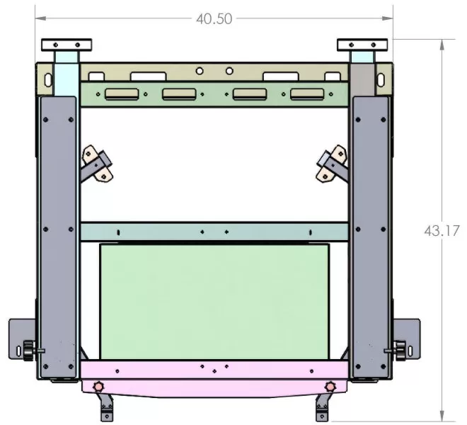 End view drawing marked 40.50 across and 43.17, showing the vertical lift rails on both sides