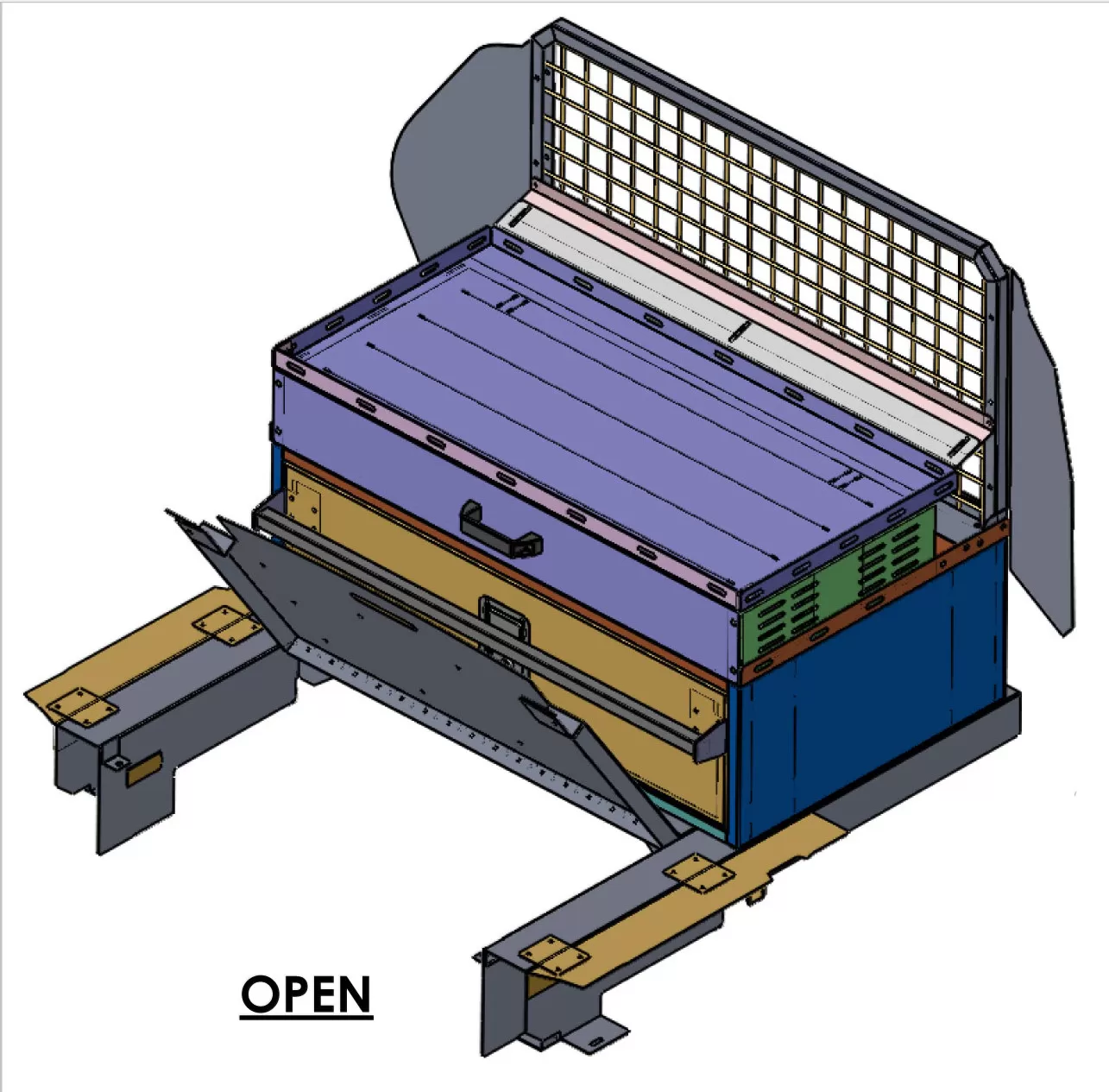 Frame shown carrying a cabinet with the drawer in the OPEN position under a mesh cargo partition