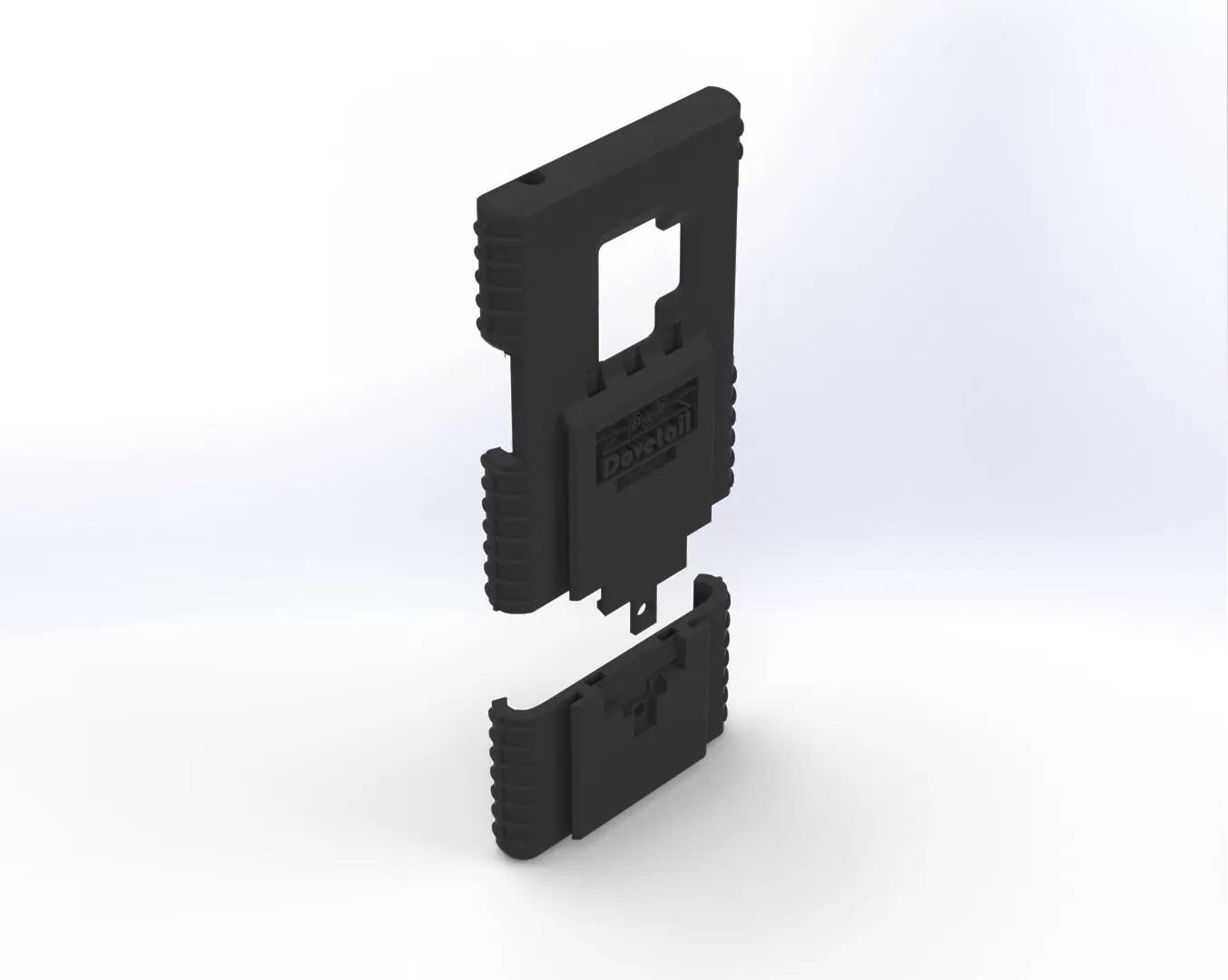 Two-piece S9 case shown separated, upper shell floating above the slide-on bottom section, rear angle