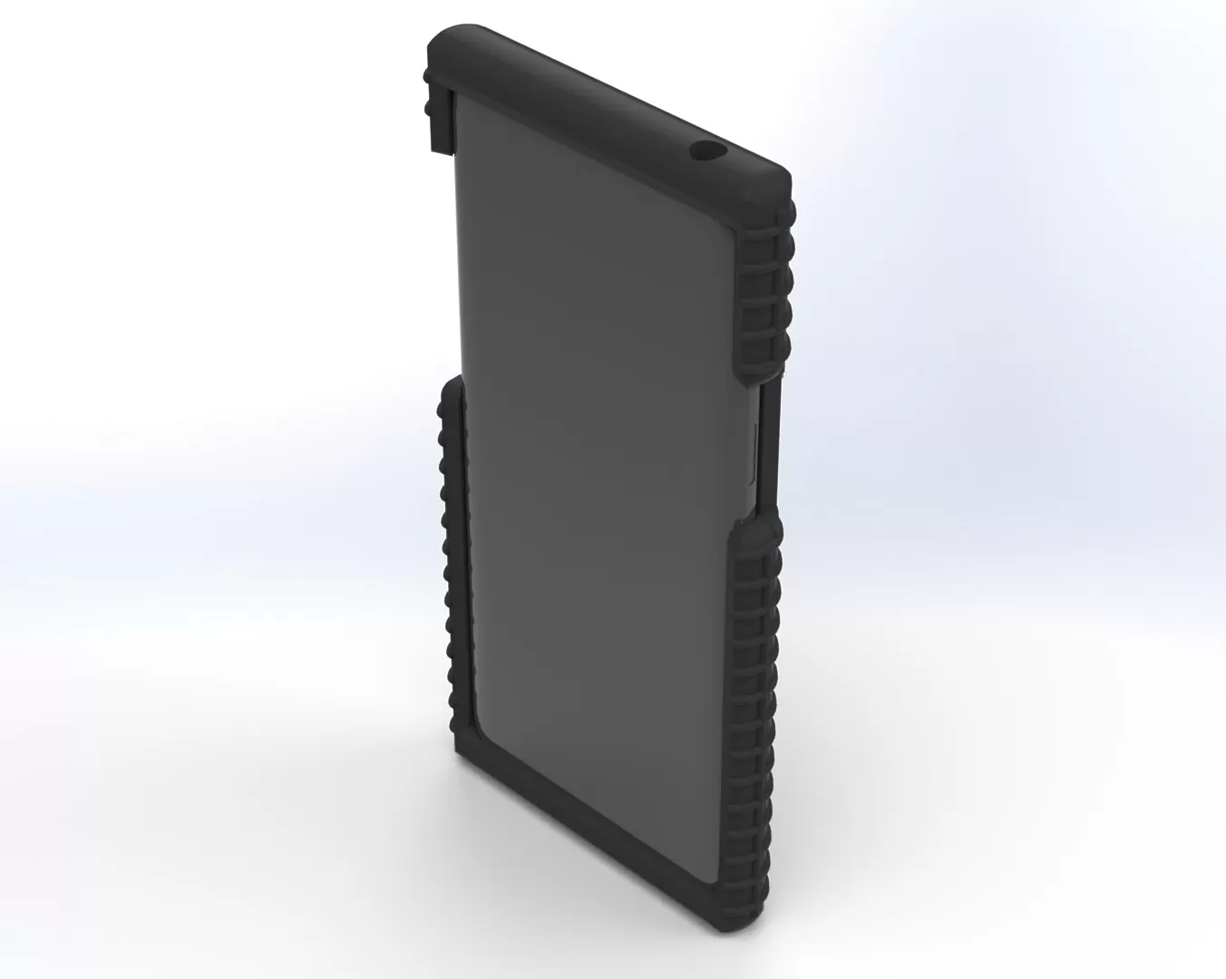 Front of the assembled case with the phone installed, dark screen framed by ribbed black bumpers
