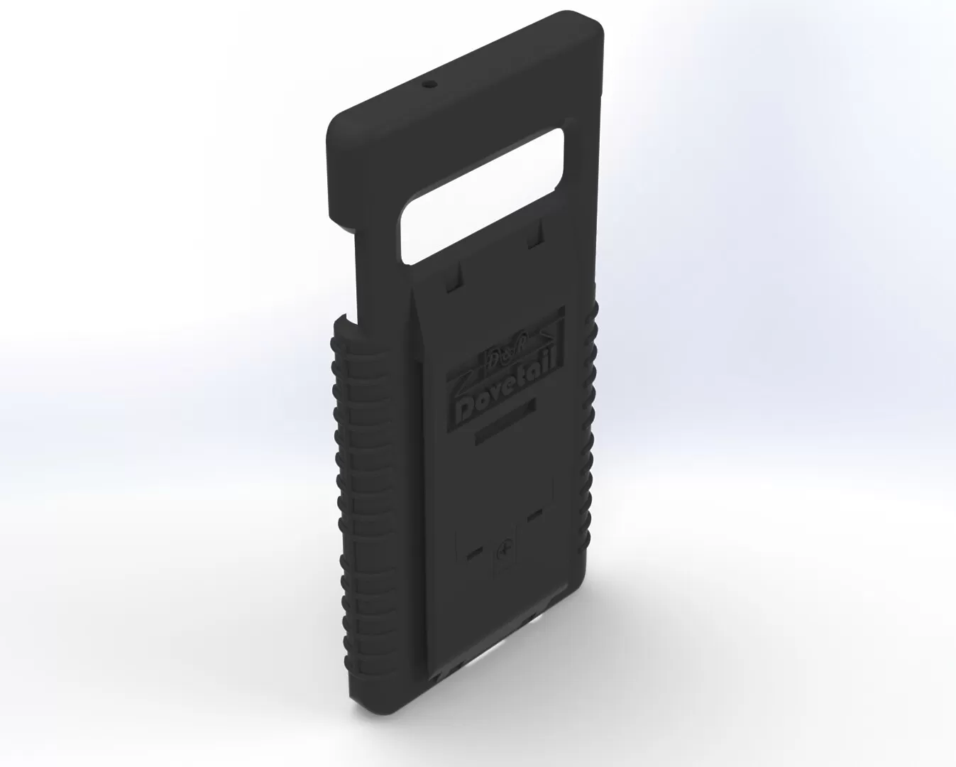 Empty S10 case angled from the rear, ribbed side grips and the camera bar opening left clear